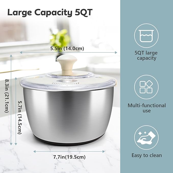Salad Spinner Stainless Steel，Manual lettuce dryer With lid, basin, drain frame and non-slip base,lettuce spinner with Quick Spin,Spaghetti & Chip Strainer BPA Free,Easy Clean,5qt