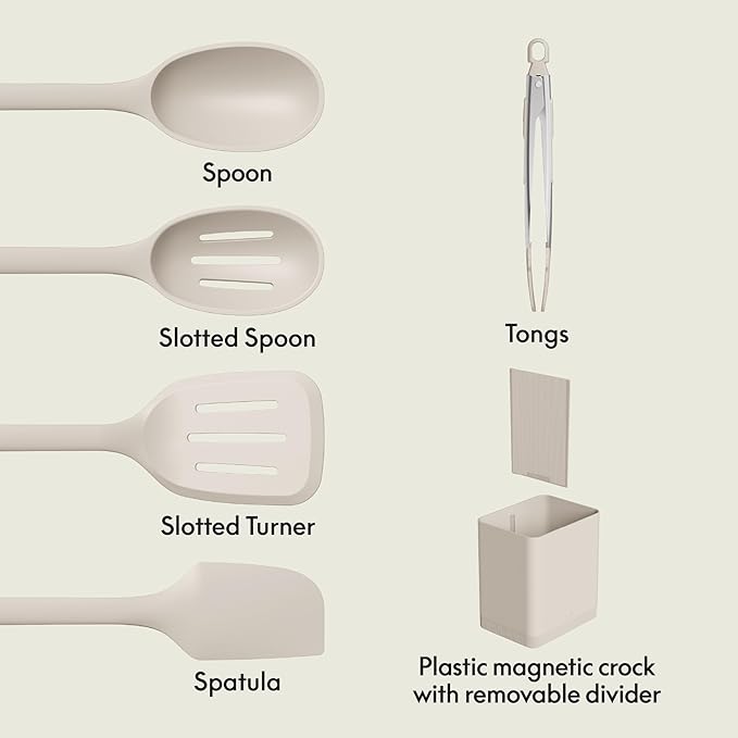 bella 6-Piece Modular Tool Set, Silicone, Turner, Spoon, Slotted Spoon, Spatula, Tongs, Crock with removable divider, Non-toxic*, Food-grade, Heat safe to 425°F, Dishwasher Safe, Slate
