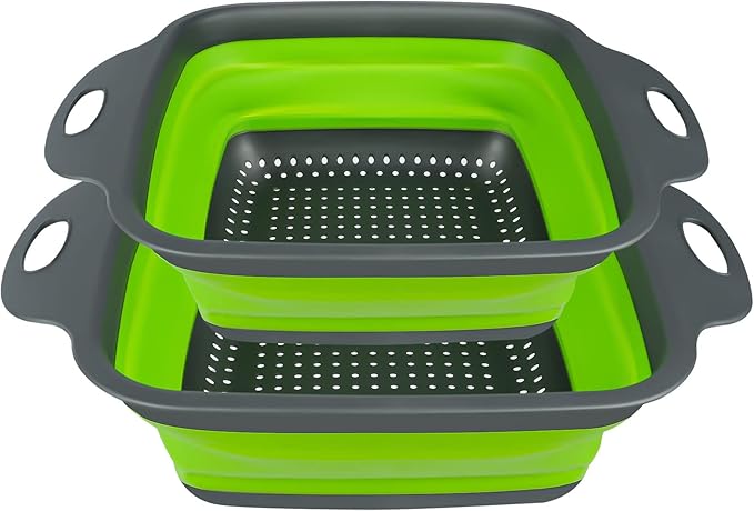 AUAUY 2 PCS Collapsible Colander Set, Square Silicone Folding Colander with Plastic Handles, Eco-Friendly Large Hole Kitchen Strainer for Draining Pasta Vegetables Fruits-1 Large and 1 Small