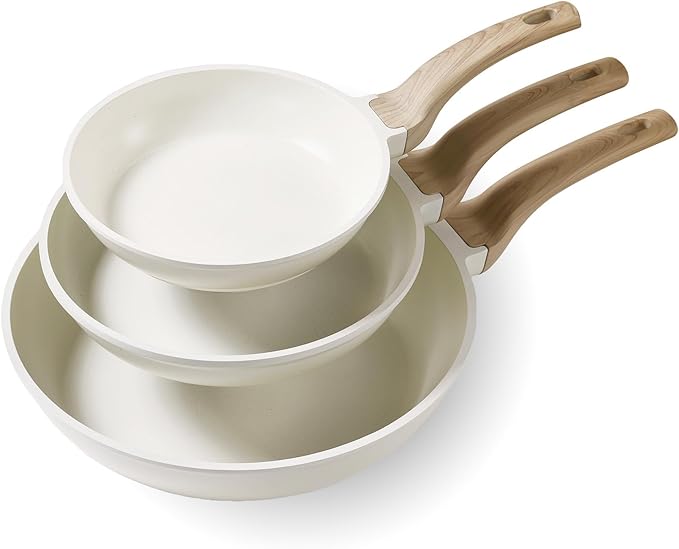 CAROTE Non Stick Frying Pan Skillet Set, Omelet Pan, Healthy Non Toxic Granite Chef Pan, Induction Compatible Egg Frying Pan with Heat-Resistant Handle, PFOA-Free,Cream White,8"+10"+12"