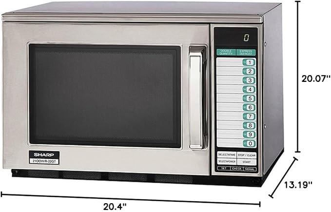 Sharp R-22GT Commercial Microwave Oven, Heavy Duty, 1200 Watt, 0.70 cu. ft. Capacity, Stainless Steel, 20 Program Inputs, 11 Power Levels, Express Defrost, 3-Stage Cooking, Digital Display