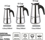 Espresso Maker 9 Cup Moka Pot Stainless Steel Percolator coffee pot, Compatible with Gas, Electric, Ceramic, and Induction stovetops(15 fl oz/450 ml)