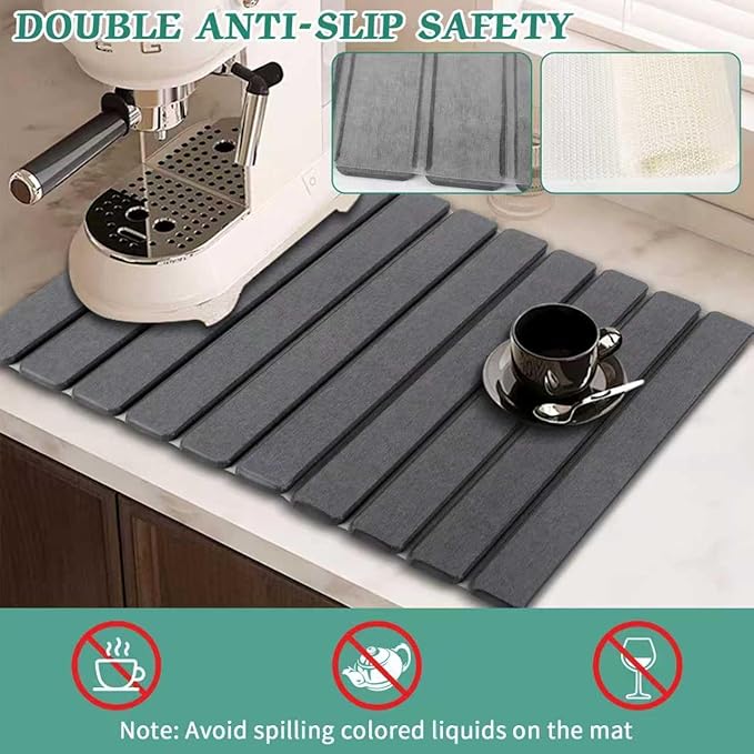 Stone Dish Drying Mat for Kitchen Counter, 24''×15'' Dishes Drying Matt Kitchen Counter, Absorbent Diatomaceous Earth Bath Quick Dry Mats for Tableware, Bottles and Cup (Dark Grey)