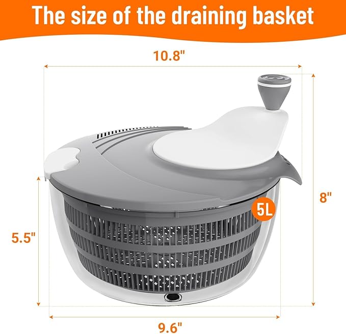 HomeHacks Salad Spinner Large Lettuce Spinner, Large Fruit Cleaner with Double Drainage Holes, 5 Chopping Blades, High Efficiency for Kitchen Washing & Drying Leafy Vegetables, Easy Press (Grey)