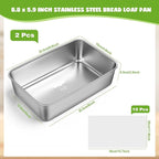 2 Packs 8.8×5.9 Inch Loaf Pans for Baking Bread, 304 Stainless Steel Loaf Bread Pan with Parchment Paper Liners, Metal Bakeware for Bread, Meatloaf, Cake Brownies, Easy Release, Oven & Dishwasher Safe