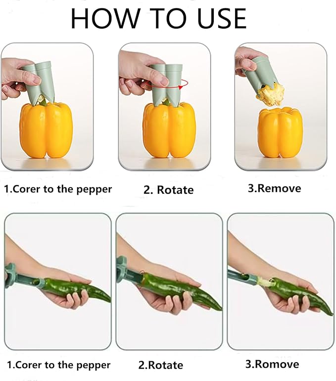 Pepper Seed Corer Remover Tool,2 in1 Efficient Bell Pepper Corer,Jalapeno Pepper Cutter Deseeder,Quick Cutting& Deseeding Pepper Seed Remover Tool, Kitchen Gadget Tool for Fruit Vegetables (Green)