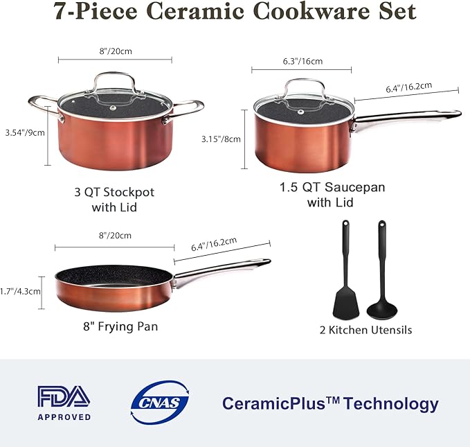 M MELENTA Pots and Pans Set Non Stick, 7 Piece Ceramic Cookware Set, Non Toxic Kitchen Induction Cookware Sets, Pots and Pans Cooking Set with Oven Safe Handle, 100% PFOA Free, Copper
