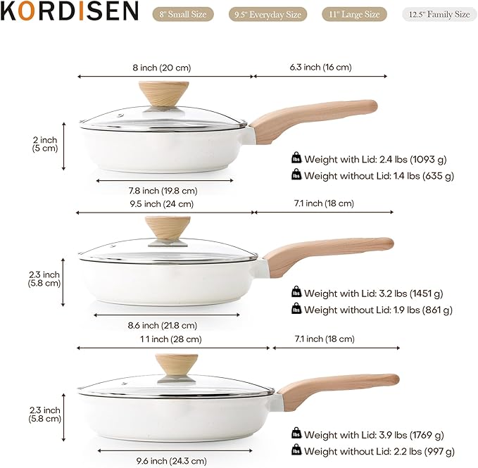 Kordisen Ceramic Nonstick Frying Pan Skillet Set with Lid, 3 Piece Ceramic Pans for Cooking Non Toxic, Healthy Induction Cookware, Stay-Cool Handle, PFOA & PFAS Free (8 Inch, 9.5 Inch, 11 Inch)