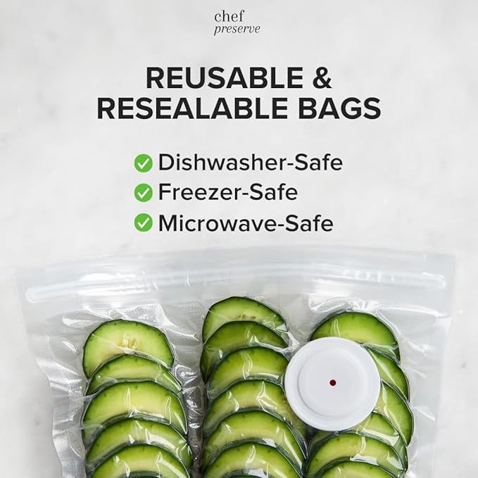 Chef Preserve Reusable Vacuum Sealer Bags for Food – 60 BPA-Free Food Storage Bags, Freezer, Microwave – Odor-Resistant, Leak-Proof – Compatible with Chef Preserve Vacuum Sealers