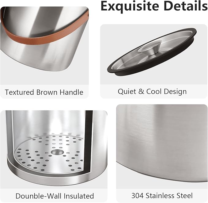 Bakpoco 4L Ice Bucket with Lid, Scoop,Tongs & Strainer, Stainless Steel Double Wall Insulated Ice Buckets for Parties & Cocktail Bar, Large Outdoor Champagne Ice Container, Light Brown Handle