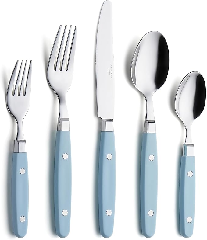 ANNOVA Silverware Set, Retro/Rivet Colorful Stainless Steel Tableware Kitchen Flatware Set Utensils, Includes Dinner Knives, Forks, Spoons, Salad Forks & Dessert Spoons (Sky Blue, 20 Pieces)