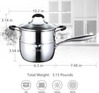 SLOTTET Tri-Ply Full Body Stainless Steel Sauce Pan with Steamer,1.5 Quart Small Multipurpose Pasta Pot with Strainer Glass Lid, Saucepan with Pour Spout for Cooking Stay-cool Handle.