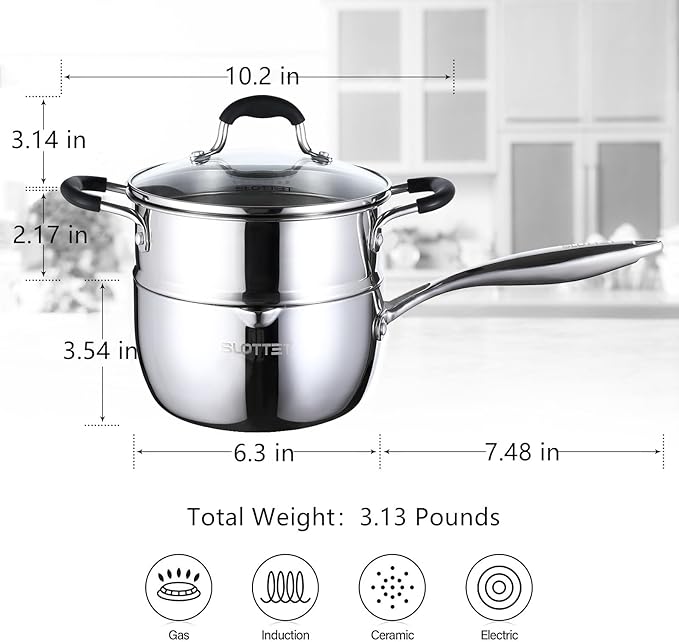 SLOTTET Tri-Ply Full Body Stainless Steel Sauce Pan with Steamer,1.5 Quart Small Multipurpose Pasta Pot with Strainer Glass Lid, Saucepan with Pour Spout for Cooking Stay-cool Handle.