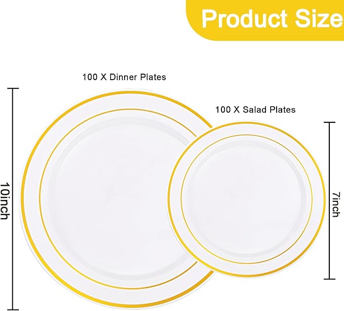 I00000 200 Pcs Gold Plastic Plates - Disposable Party Plates Include 100 Dinner Plate and 100 Elegant Dessert Plate Perfect for Party, Holiday, Wedding & Birthday