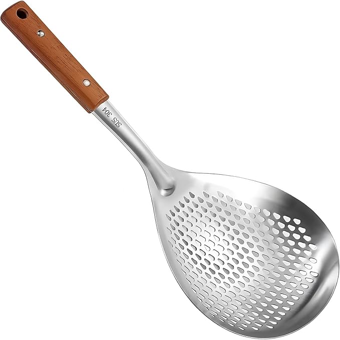 Spider Strainer Colander with Wood Handle, Solid Stainless Steel Kitchen Utensil for Cooking Frying Pasta Drainer