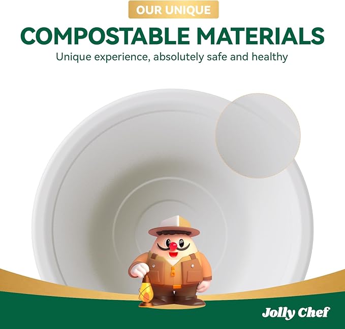 JOLLY CHEF Compostable Disposable Paper Bowl [16 oz] Heavy Duty Soup Containers [500 Pack] Biodegradable Bagasse Hot Cold Food Eco-Friendly Sugarcane Microwavable Bowls for Salad Milk Dinner Christmas