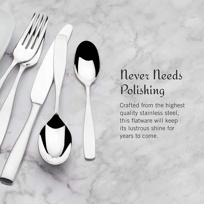 Mikasa Satin Loft 65-Piece Flatware Set for 12, 18/10 Stainless Steel Silverware with Forks, Knives, Spoons, and Serving Utensils, Durable and Elegant Design