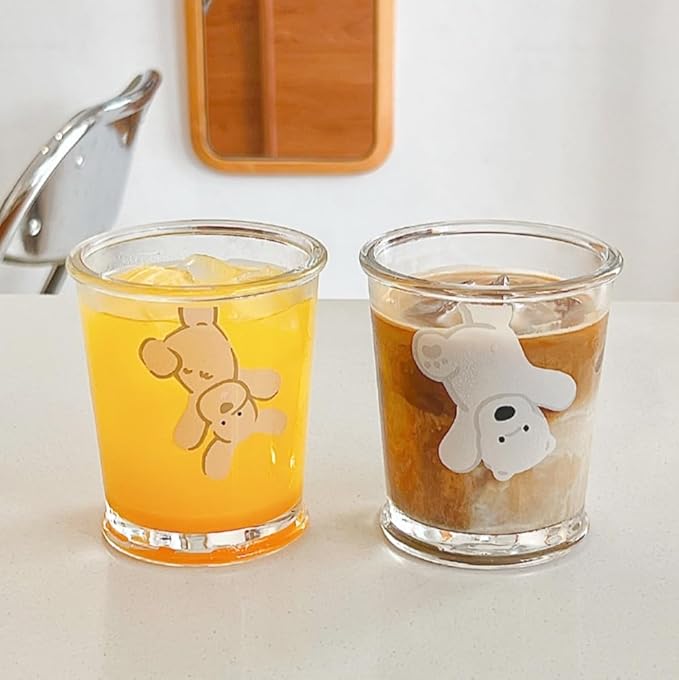 Set of 2 12 OZ French Drinking Glasses Clear Glass Coffee Cup Cute Bear Dog Glass Cups for Iced Tea,Juice,Coffee,Milk,Latte,Dessert,Stackable Glassware Drinkware Set