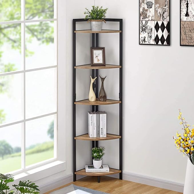 FATORRI Tall Corner Shelf, Industrial Corner Bookshelf, Wood and Metal Corner Shelf Stand for Living Room, Rustic Display Plant Stand for Home Office (Rustic Oak)