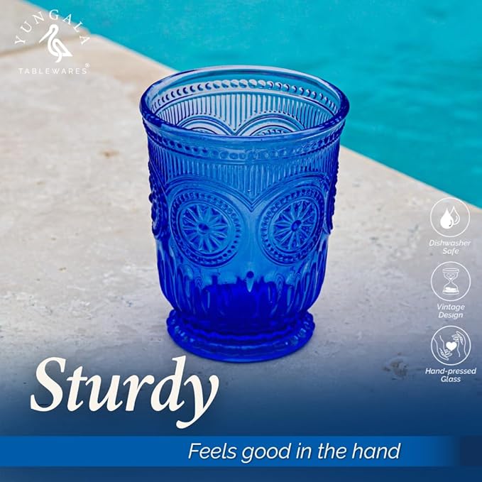 Cobalt Blue Glassware drinking glasses Set of 6, Handcrafted 8-Ounce Cups with Vintage Sunflower Pattern, Sturdy Lead-Free, Dishwasher Friendly blue drinking glasses with matching highball and goblets
