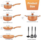 M MELENTA Pots and Pans Set Ultra Nonstick, Pre-Installed 11pcs Cookware Set Copper with Ceramic Coating, Stay cool handle & Nylon Kitchen Utensils, Gas/Induction Compatible, 100% PFOA Free