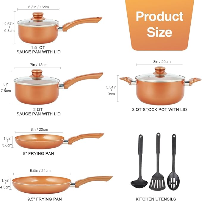 M MELENTA Pots and Pans Set Ultra Nonstick, Pre-Installed 11pcs Cookware Set Copper with Ceramic Coating, Stay cool handle & Nylon Kitchen Utensils, Gas/Induction Compatible, 100% PFOA Free