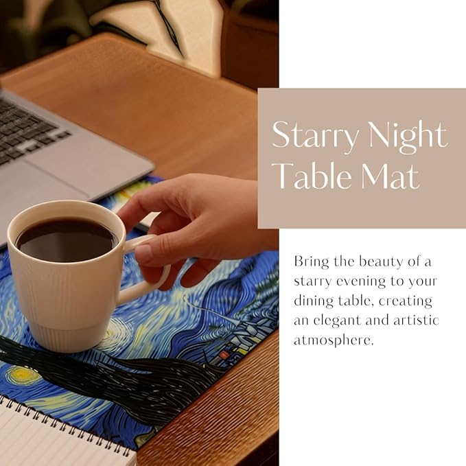 Art-Inspired Washable PVC Placemats Set of 6, Heat-Resistant Non-Slip Table Mats for Kitchen Dining Table Decor (The Starry Night)