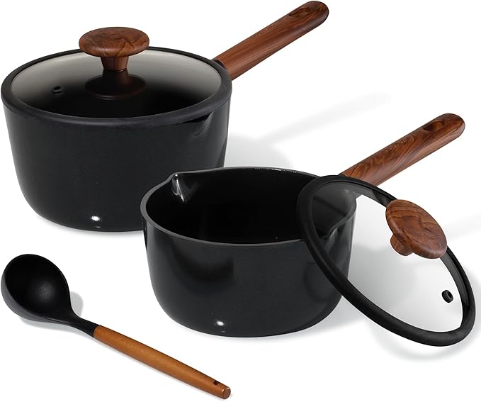 CAROTE 2QT & 3QT Sauce Pan Sets with Lid & Ladle Ceramic Nonstick Pot Set Non Toxic Saucepan Small Kitchen Cooking Pots, Easy to Clean, Induction Comptable, PFAS PTFE Free, Black