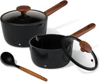CAROTE 2QT & 3QT Sauce Pan Sets with Lid & Ladle Ceramic Nonstick Pot Set Non Toxic Saucepan Small Kitchen Cooking Pots, Easy to Clean, Induction Comptable, PFAS PTFE Free, Black