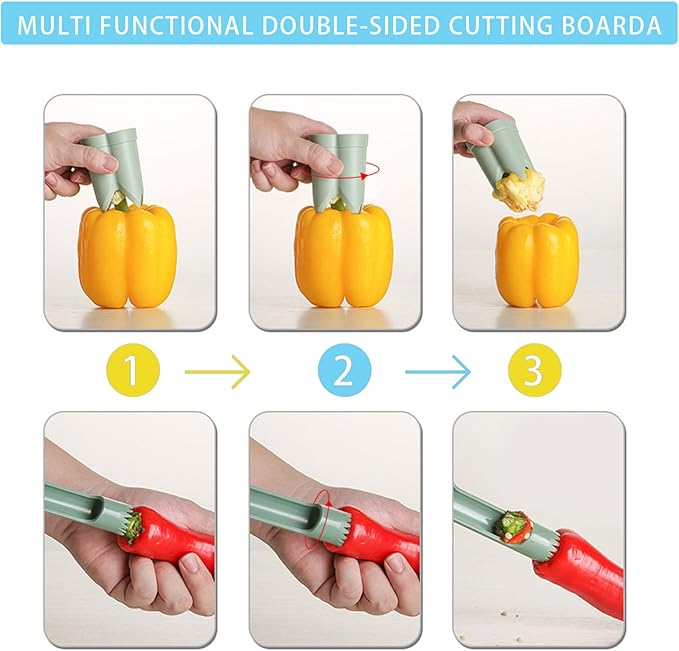Pepper Corer, 2 in 1 Red Bell Pepper Seed Corer Remover Tool, Fruit & Vegetable Corers Quick Cave Tools for Jalapeno Cutter Deseeder, Blue Yellow, 3 PCS
