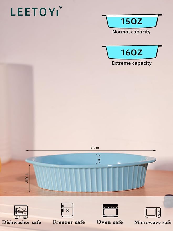 LEETOYI Porcelain Small Oval Au Gratin Pans,Set of 4 Baking Dish Set for 1 or 2 person servings, Bakeware with Double Handle for Kitchen and Home, Turquoise