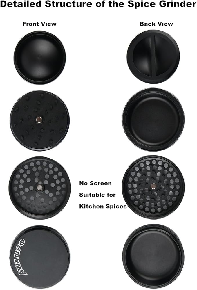 2.5" Grinder [Aluminum] 3-Piece 4-Parts Grinder for Kitchen Spice with Top Storage, Anti-jamming Teeth & Large Bottom Chamber