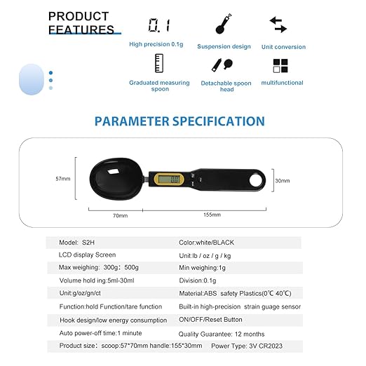 Food Measuring Spoon, Digital Kitchen Scale, high-Precision Small Scale, Handheld use, with Weight Removal Function (White)
