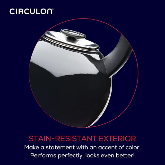 Circulon Enamel on Steel Whistling Induction Teakettle, Tea Kettle for Stovetop with Flip-Up Spout, 2-Quart, Black