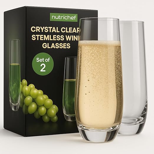 Champagne Flutes Stemless 9.4oz Set of 2 Elegant Clear Crystal Glass Drinkware w/Narrow Rim Seamless Bowl Lead-Free Dishwasher Safe Sparkling Wine Glassware Perfect for Any Occasion by NutriChef