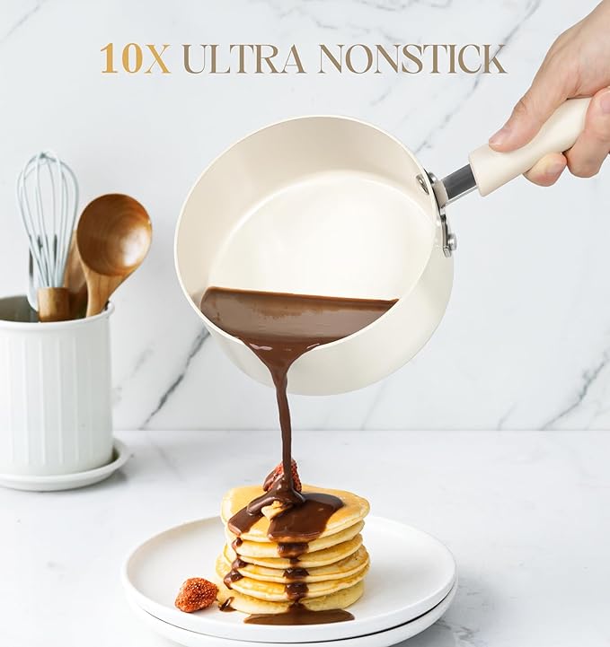 MICHELANGELO Nonstick Saucepan with Lid, Ceramic Sauce Pan Sets, Easy to Clean Sauce Pans, Multi-Purpose Cooking Pots, 1QT, White