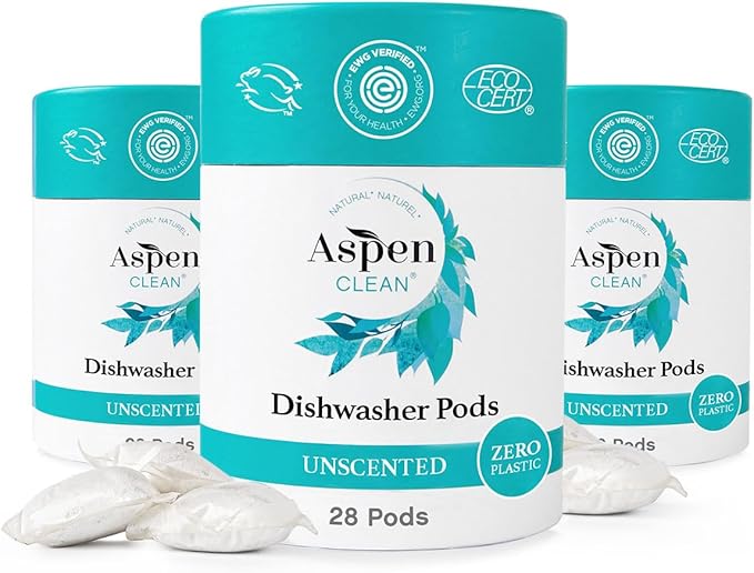 Unscented Dishwasher Pods by AspenClean, Dye-Free, Zero Plastic, Vegan, Eco-Friendly, Natural Dishwasher Detergent, EWG Verified™ - 28 Count (3 Pack)