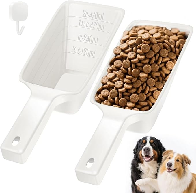 Food Scoop 2 PACK,2 Cup Capacity Dog Food Scoop With Measuring Lines For Dog, Puppy and Cat Coffee Bean Scoop, Flour Scoop (Large White)