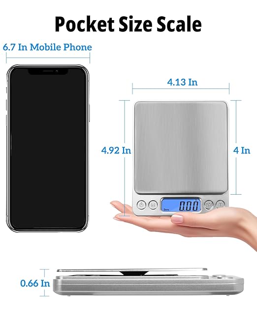 NEXT-SHINE Gram Scale 500g x 0.01g Precision, Digital Mini Pocket Size Portable Scale with Two Trays Nine Units, LCD Display Stainless Steel Platform for Weighing Jewelry Cooking Baking