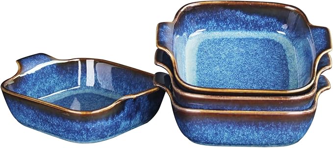 Ceramics Au Gratin baking Dishes Set of 4, Baking Tray Bake ware, 10.5 oz Ramekins, for Pie Pan, Appetizer, Tart, Dessert, Quiche, Oven Small dish, individual dishes, Square 7.3 Inch