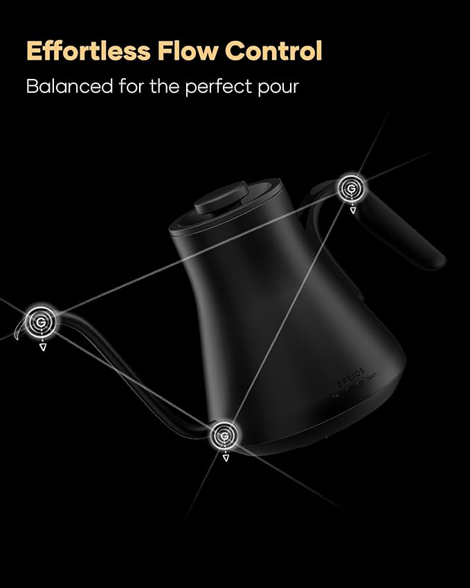 Cocinare Barista Collection Gooseneck Electric Kettle, ±1℉ Precise Temperature Control for Pour-Over Coffee & Tea, Quick Heating 1500W, Stainless Steel Interior, 0.9L (Matte Black)