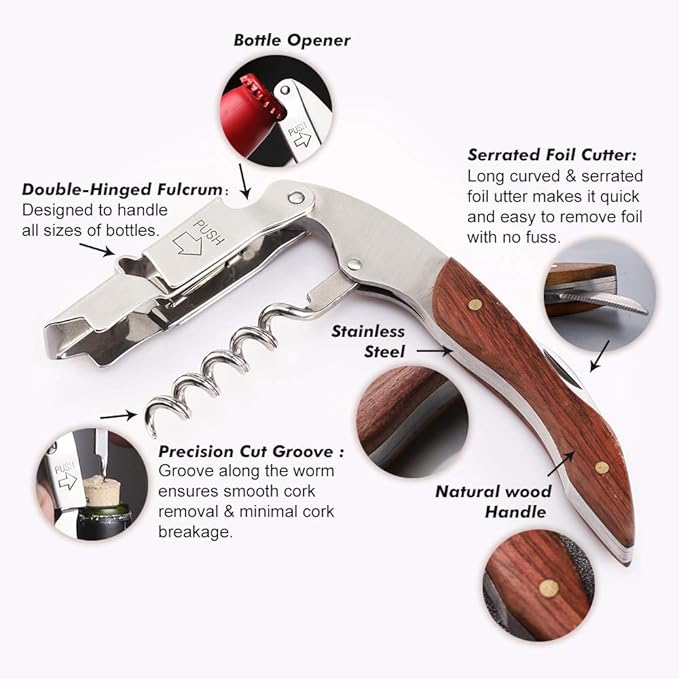 EDSG Personalized Wine Opener Wine Bottle Opener 3 in 1 Corkscrew Wine Bottle Opener Wine Key Wood Handle Stainless Steel Wine Opener for Bar Restaurant Waiters Sommelier Bartend(Design 2)