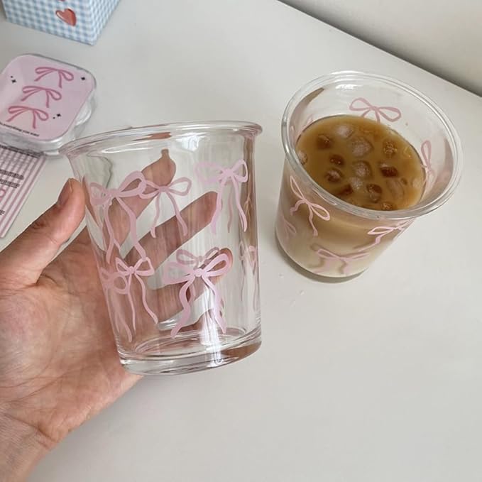 Set of 2 12 OZ French Drinking Glasses Bow Glass Coffee Cup Cute Glass Cups for Iced Coffee,Tea,Juice,Latte,Milk,Dessert,Stackable Glassware Drinkware Set (pink bow)