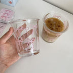 Set of 2 12 OZ French Drinking Glasses Bow Glass Coffee Cup Cute Glass Cups for Iced Coffee,Tea,Juice,Latte,Milk,Dessert,Stackable Glassware Drinkware Set (pink bow)