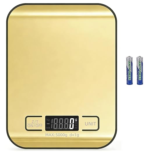 Digital Shipping Scale,Stainless Steel Panel, Accurate Portable Postal Scale for Packages, Small Business,Kitchen, Food, Handmade, Liquids, and Boutique (Mirror Gold Battery(5kg/1g))