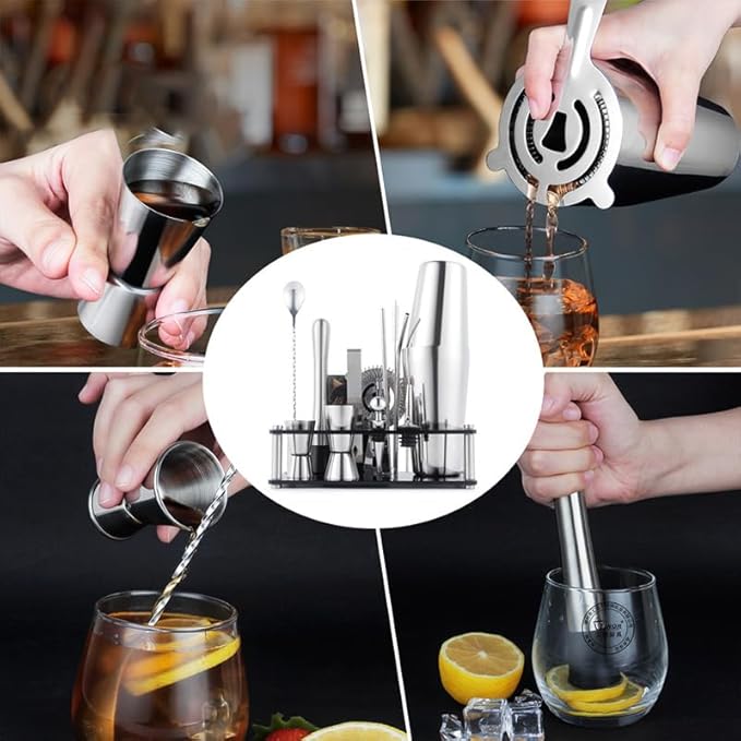 Cocktail Shaker Set, 16-Piece Boston Stainless Steel Bartender Kit with Bar Mats and Bar Set with Acrylic Stand, Professional Bar Tools for Party, Bar, Home (Include Cocktail Recipes Booklet)