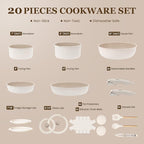 KIKCOIN Nonstick Pots and Pans Set, 20 Pack Ceramic Cookware Set with Detachable Handle, Induction RV Kitchen Cooking Set with Removable Handle, Frying Pans - Dishwasher/Oven Safe, PFOA Free
