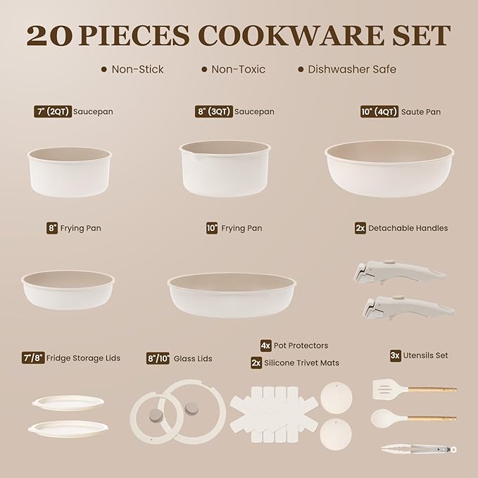 KIKCOIN Nonstick Pots and Pans Set, 20 Pack Ceramic Cookware Set with Detachable Handle, Induction RV Kitchen Cooking Set with Removable Handle, Frying Pans - Dishwasher/Oven Safe, PFOA Free