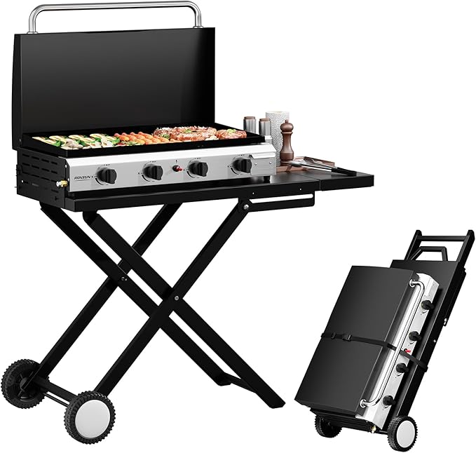 ROVSUN 4 Burner Foldable Propane Griddle with Wheels, Enameled Tray & Lid, 40000 BTU Portable Rolling Flat Top Gas Grill with Electronic Ignition & Regulator for Outdoor Cooking Camping BBQ Tailgating