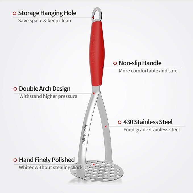 Joyoldelf Heavy Duty Stainless Steel Potato Masher, Professional Integrated Masher Kitchen Tool & Food Masher/Potato Smasher with Silicone Handle, Perfect for Bean, Vegetable, Fruits, Avocado, Meat
